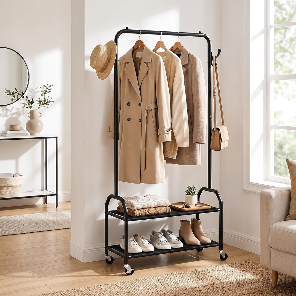 Clothes Rack with 2 Tier Shelves, Rolling Garment Rack