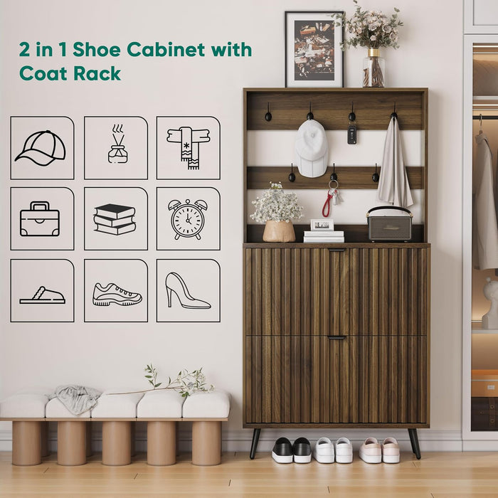 Smuxee Shoe Cabinet with 2 Flip Drawers & Coat Rack Hooks, 31.5" Walnut Hidden Shoe Storage Cabinet, 2-in-1 Hall Tree Slim Freestanding Shoe Rack Organizer for Entryway, Hallway, Living Room