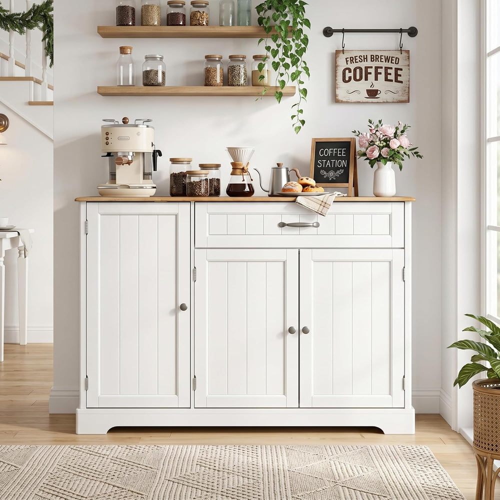 Gizoon Kitchen Coffee Bar Cabinet with Storage, White and Rustic