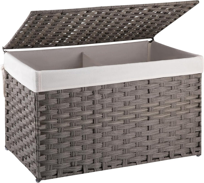 OIAHOMY Storage Basket with Lid, 27.7 Gallon (105L) Blanket Basket with Removable Liner Bag, Synthetic Wicker Hamper with Handle, Large Hamper for Bedroom, Grey