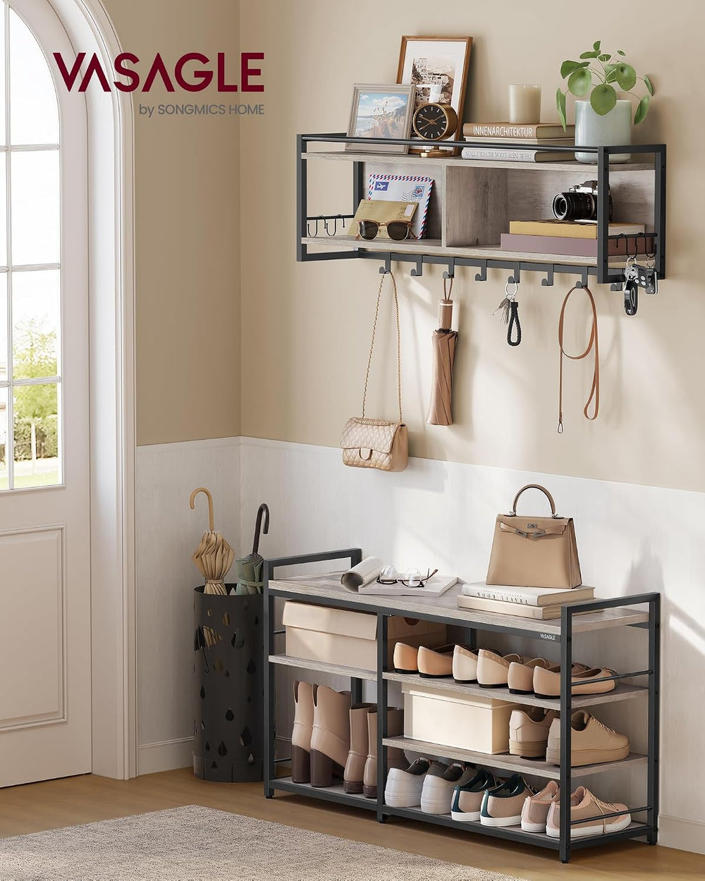 VASAGLE Hall Tree with Shoe Bench, 12 Metal Hooks, 4-Tier Shoe Rack