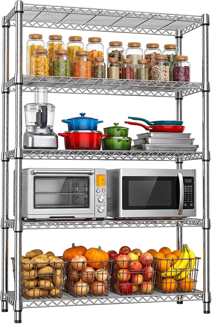 IZEUK Heavy Duty 5-Tier Wire Storage Rack, 1750 LBS Capacity Chrome Metal Shelving Unit, Adjustable Commercial Shelf for Garage Warehouse Kitchen Restaurant Classroom, 17.7" × 47.2" × 70.9"