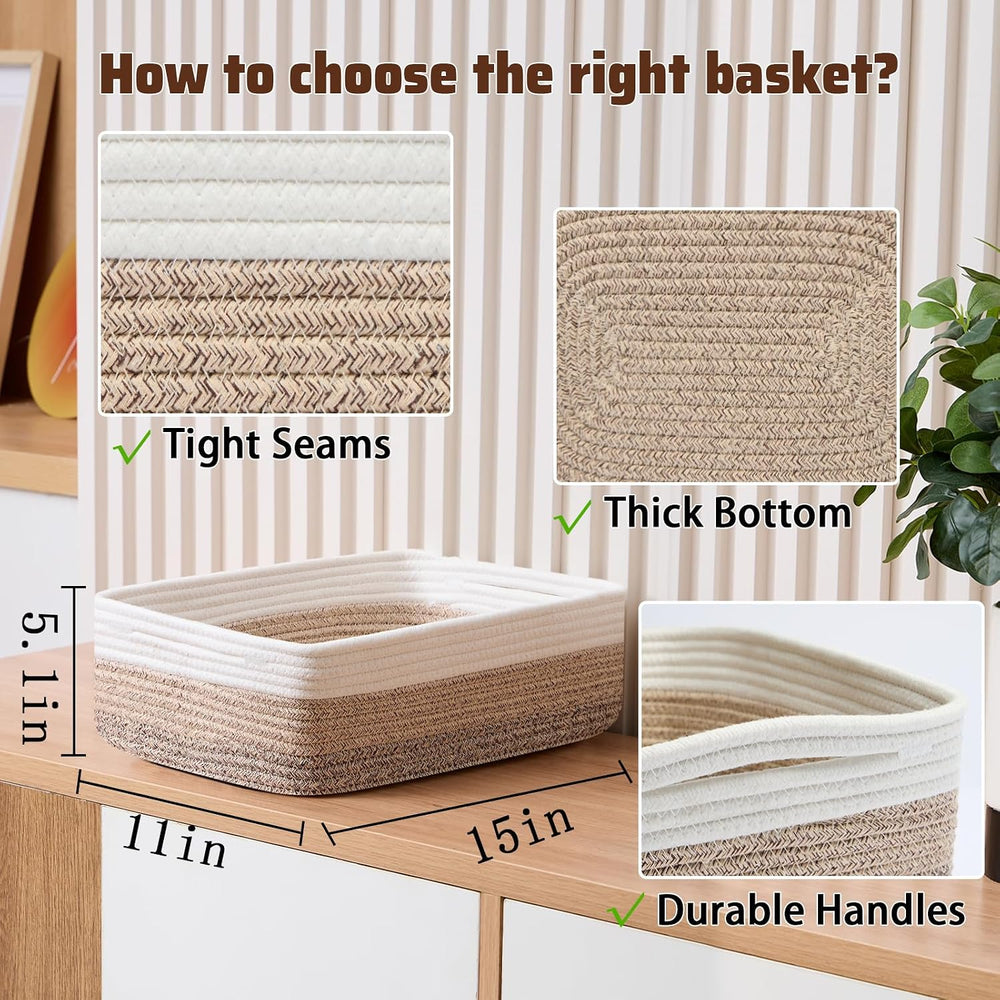 MiniArk Large Shallow Organizing Baskets 15x11x5.1 Inches - Rope Woven Storag...