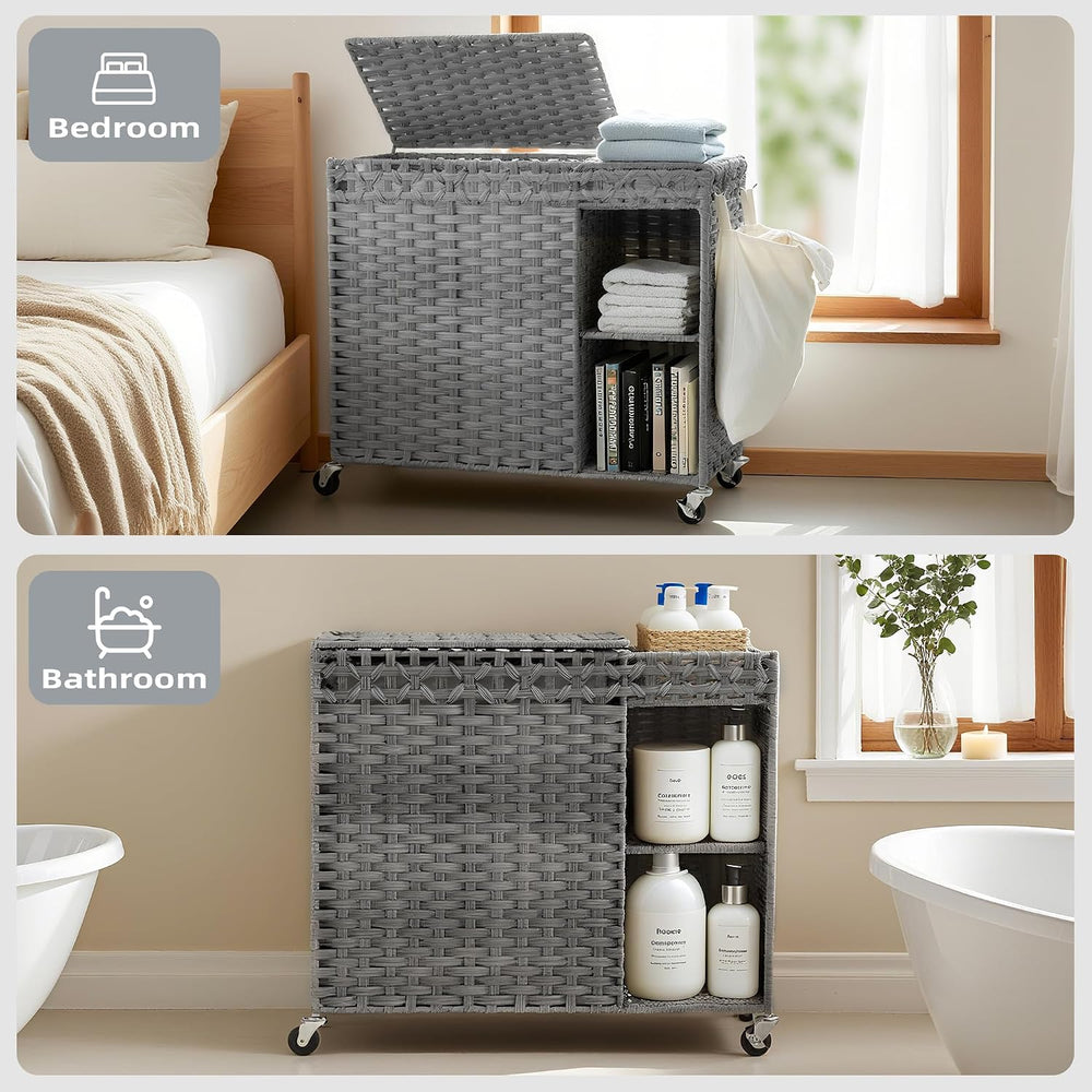 Laundry Hamper with Lid, 160L Rattan Wicker Laundry Basket with Wheels, Handw...