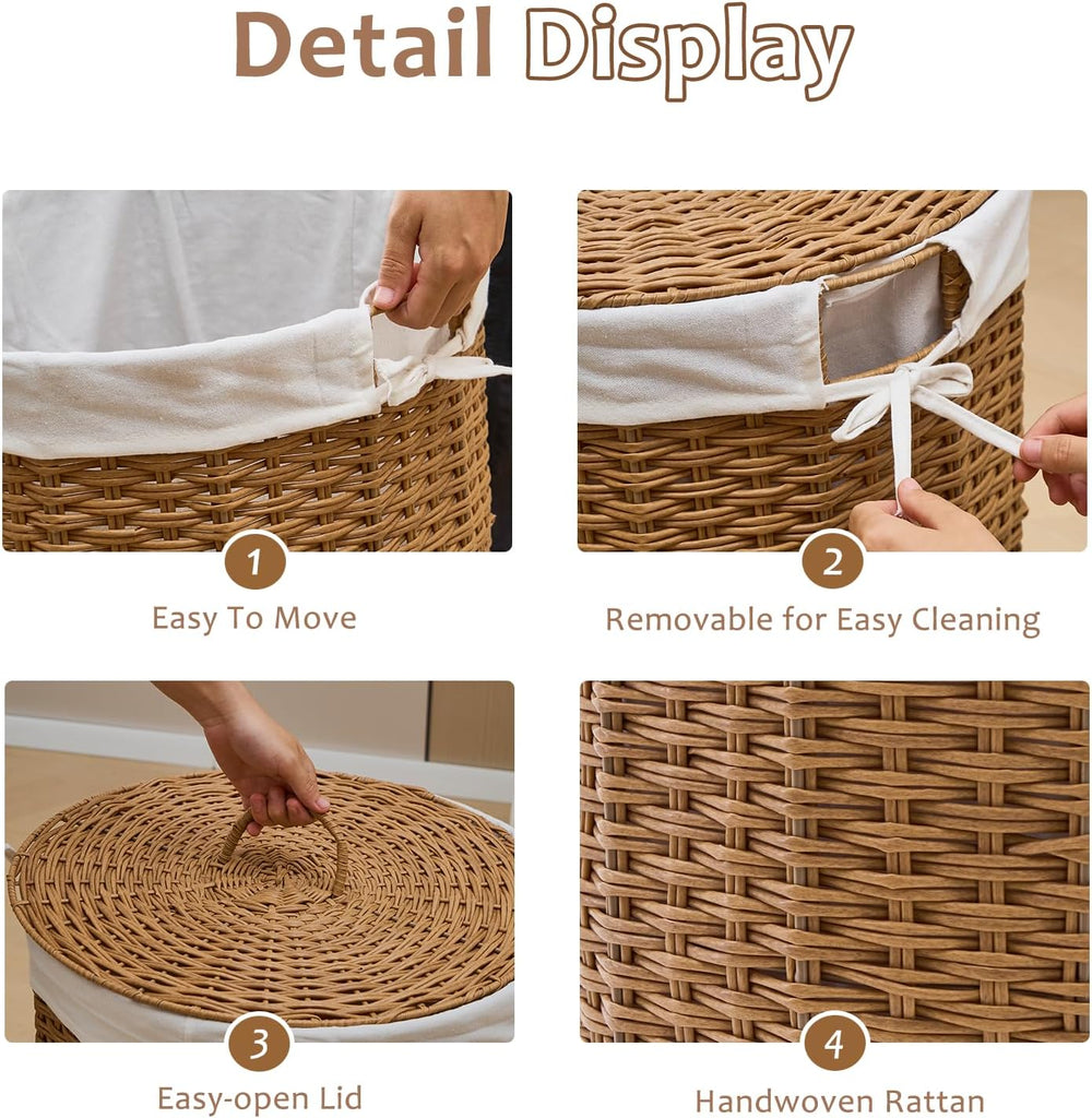 Round Wicker Laundry Hamper with Lid Handwoven Rattan Basket with Handles for...