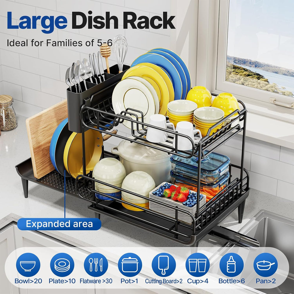 Urackify Dish Drying Rack for Kitchen Counter, Expandable 2 Tier Dish Rack, L...