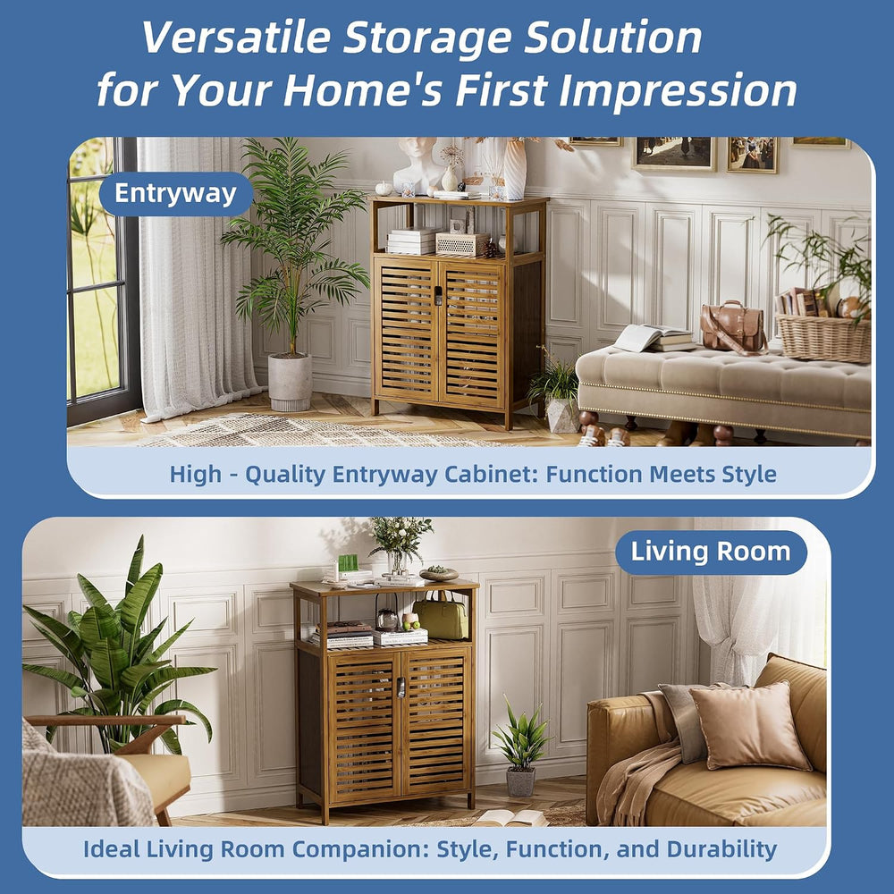 HITNET Bathroom Storage Cabinet, Bamboo Floor Cabinet with Double Doors and O...