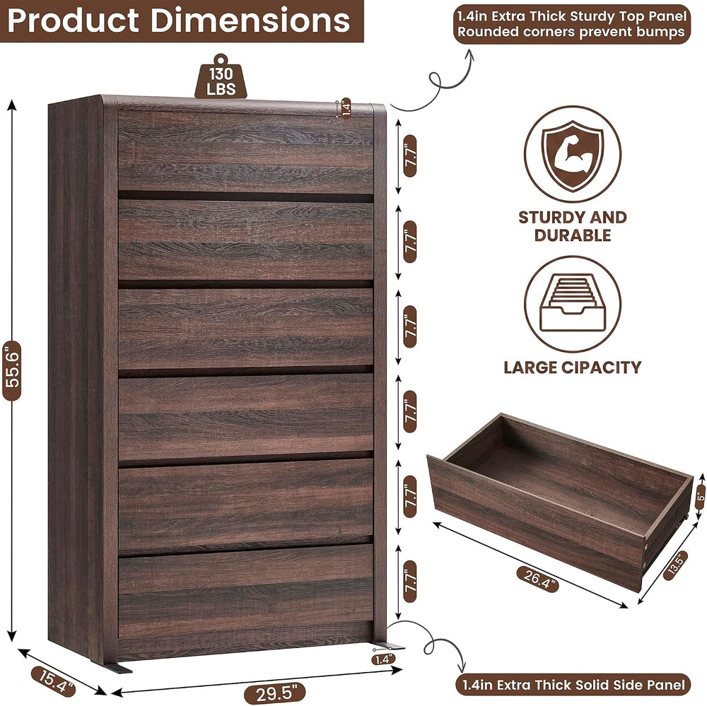 Modern 6 Drawers Dresser for Bedroom, 55.6” Tall Walnut Dressers & Chest ...