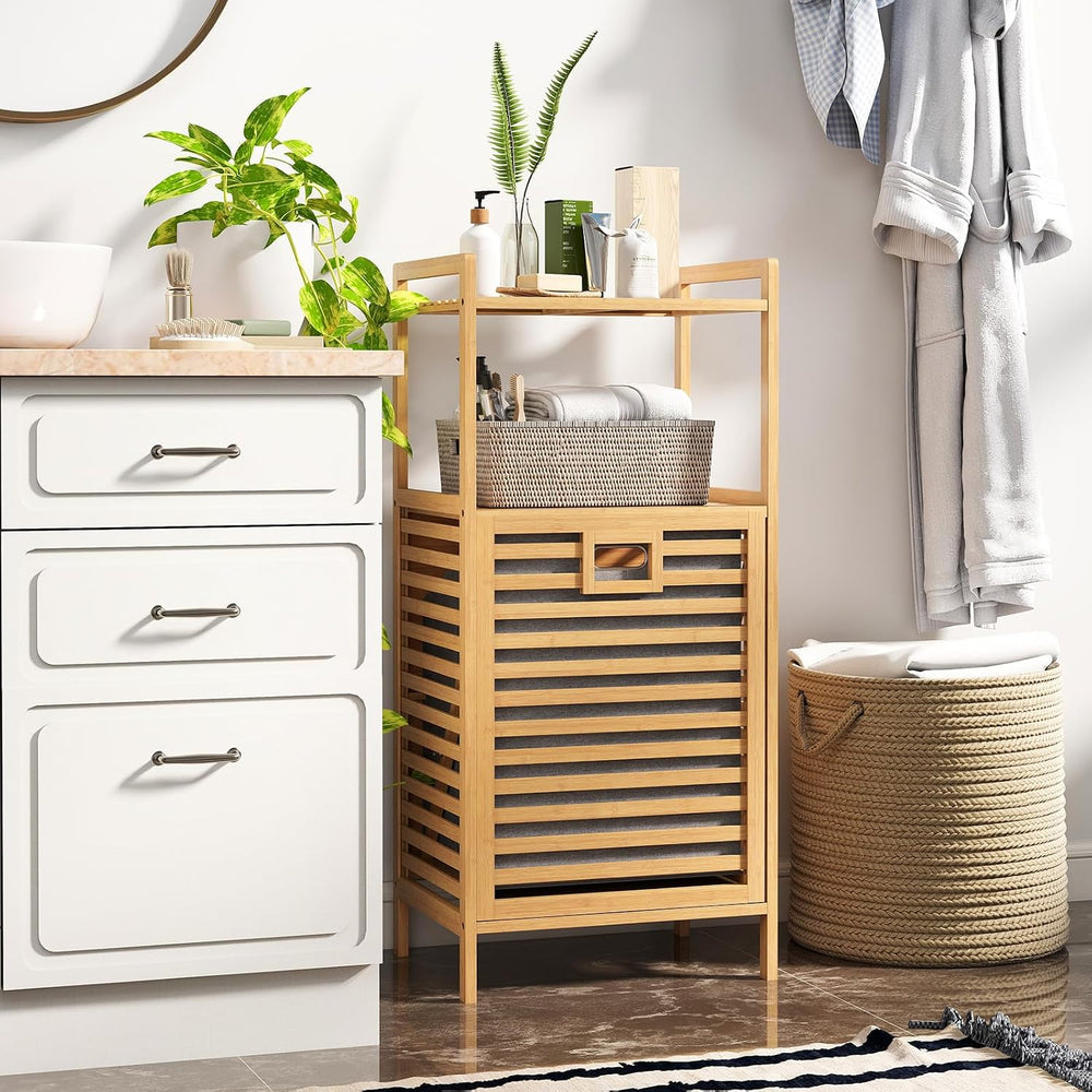GOFLAME Tilt-out Laundry Hamper with 2-Tier Shelves, Bamboo Laundry Baskets O...
