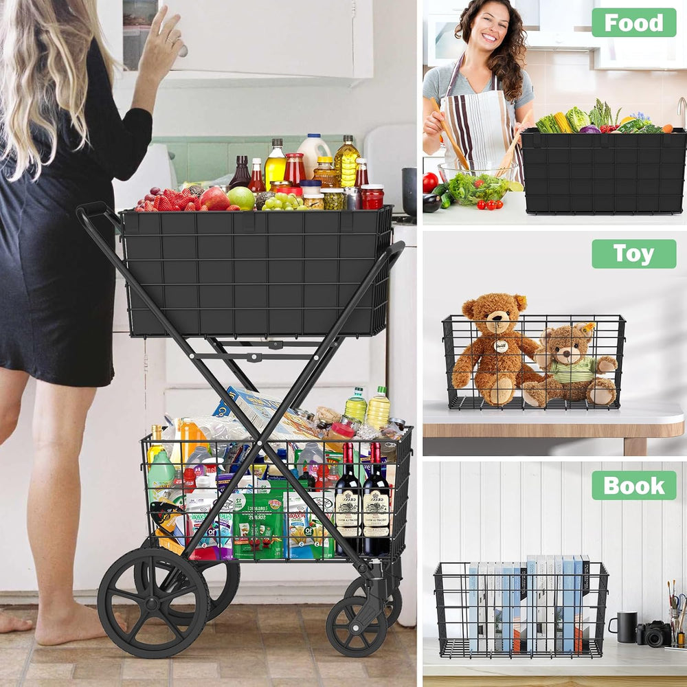 ๐๐๐ 2-Tier Large Collapsible Grocery Cart On Wheels 400lbs Shopping Cart