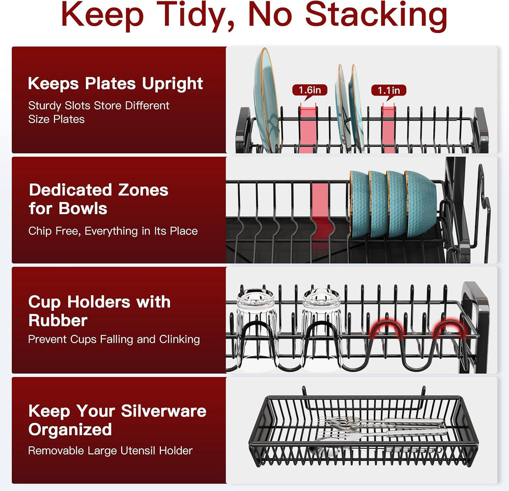 2 Tier Black Stainless Steel Dish Drying Rack for Kitchen Counter