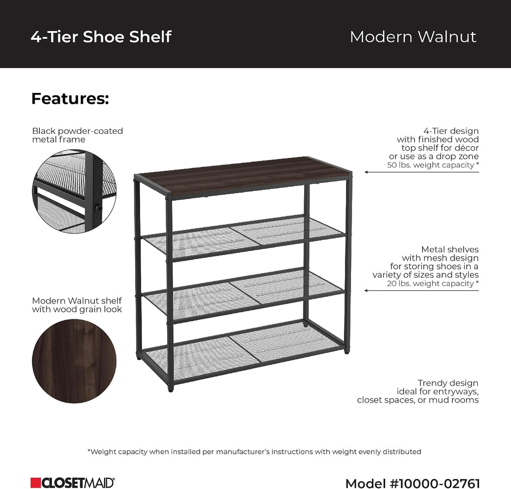 ClosetMaid 4-Tier Shoe Rack, Storage Organizer, with Wood Top Shelf, 3 Metal ...