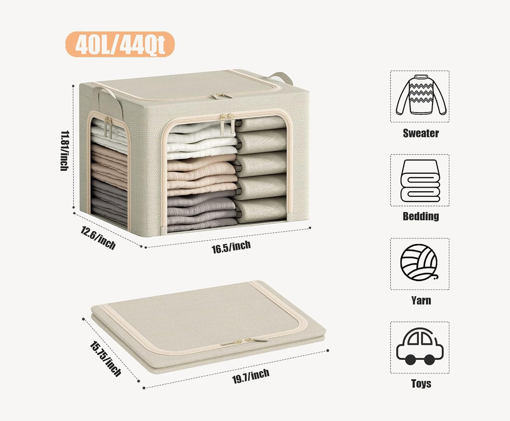 3 Openings Clothes Storage Bins with Metal Frame, Foldable Storage Bin for Cl...