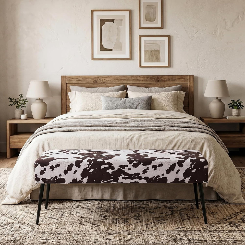 DUHOME Velvet Bench Ottoman, Upholstered Bedroom Benches Cow Print