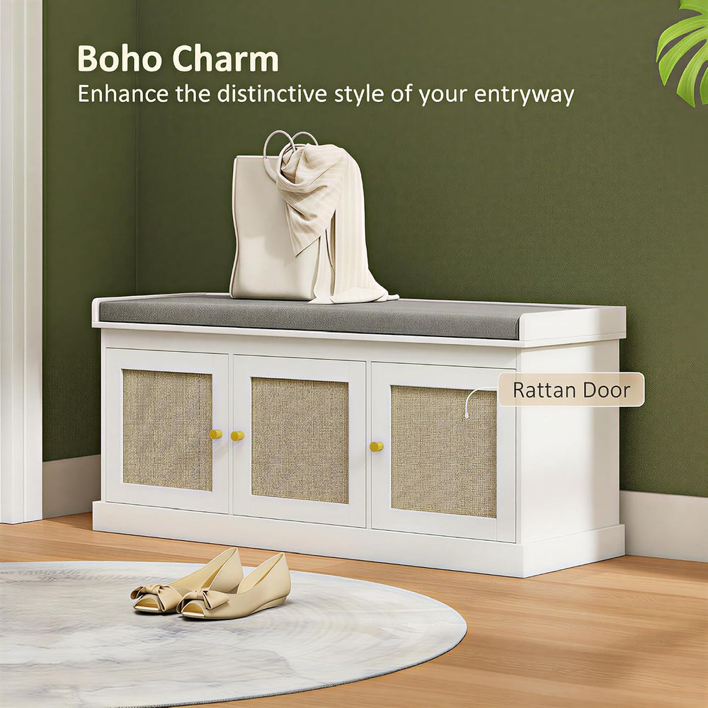 HOMCOM Shoe Bench Storage Rattan Doors 13.8 x 41.3 x 18.5 Inches White