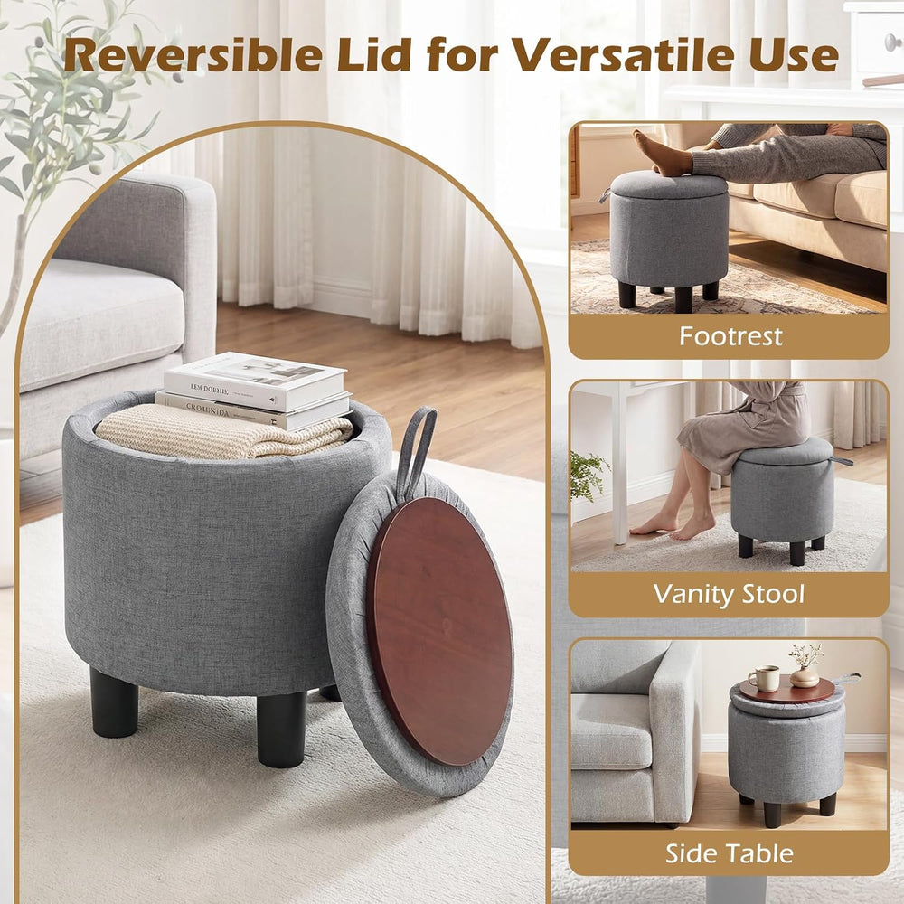 GIANTEX Linen Fabric Round Storage Ottoman with Removable Lid, Gray
