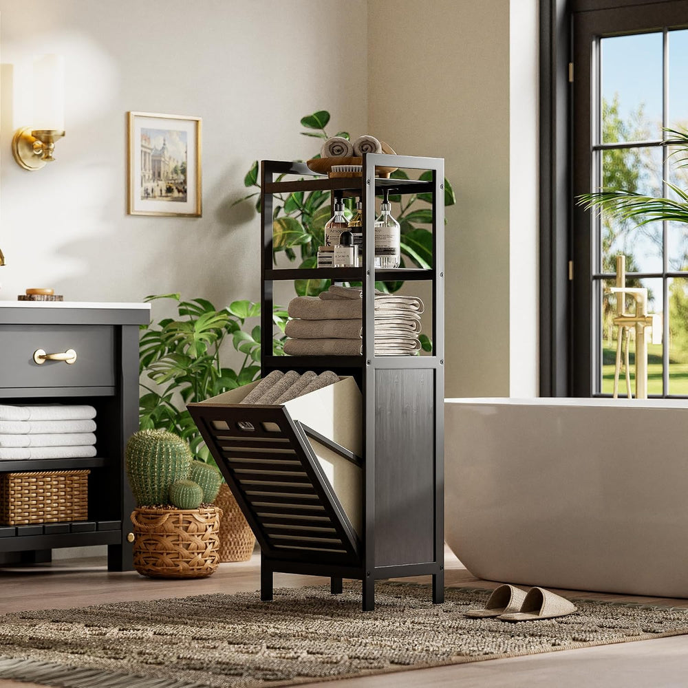 HITNET Tilt Out Laundry Hamper, Bamboo Bathroom Cabinet with Pull Out Removab...