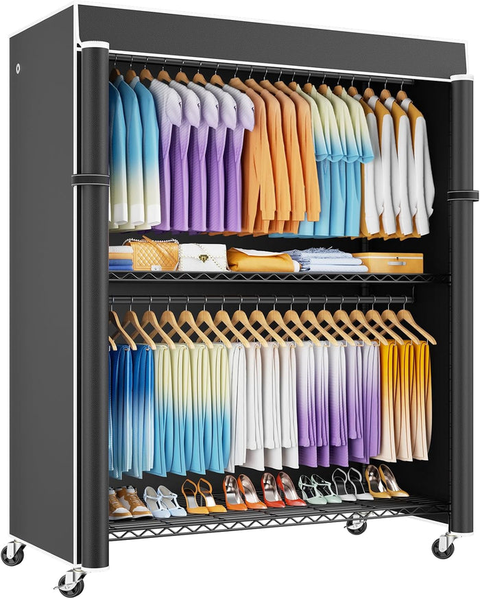 ULIFHOME P8C Max Heavy Duty Clothes Rack(With Extended Width Design) Rolling Clothing Racks for Hanging Clothes with Lockable Wheels,51.2"W x 15.8"D x 80.5"H,Load 800LBS,Black Rack with Black Cover