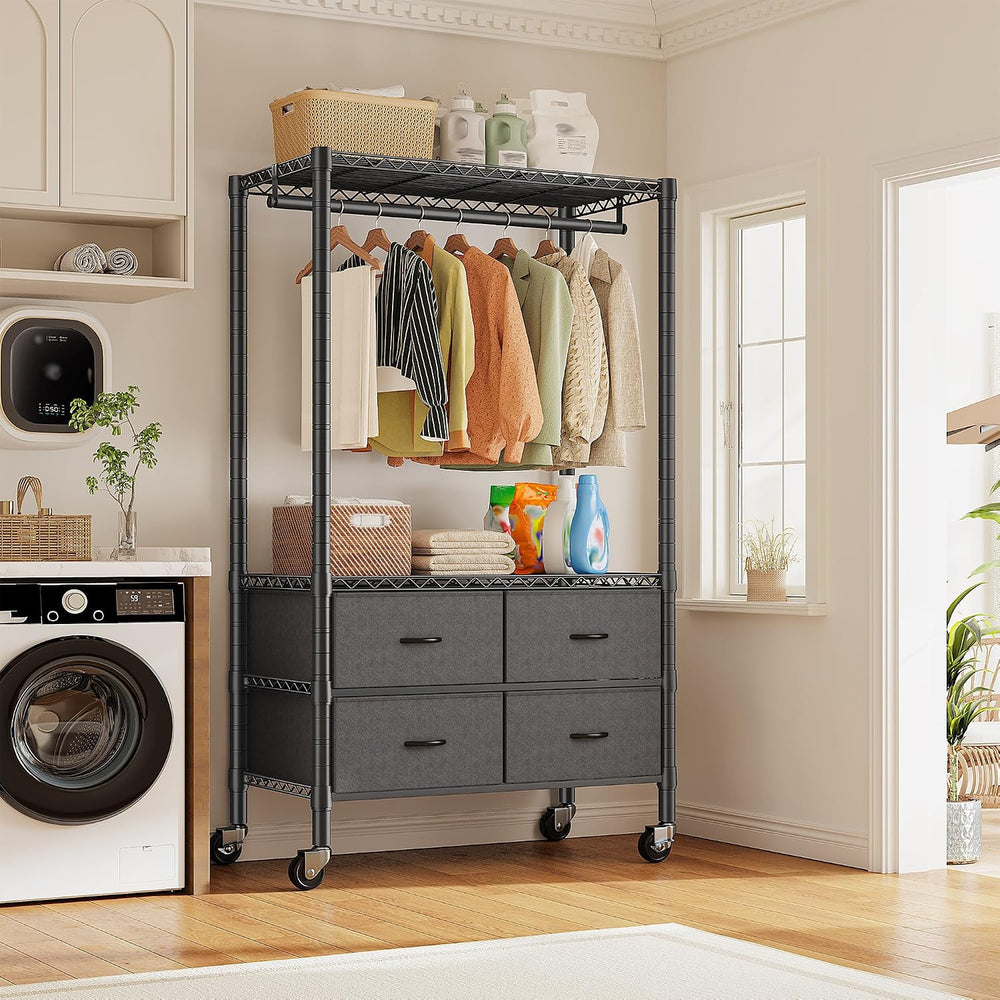 Raybee Rolling Clothes Rack, Portable Closet, 4 Drawers 4 Shelves, 450LBS