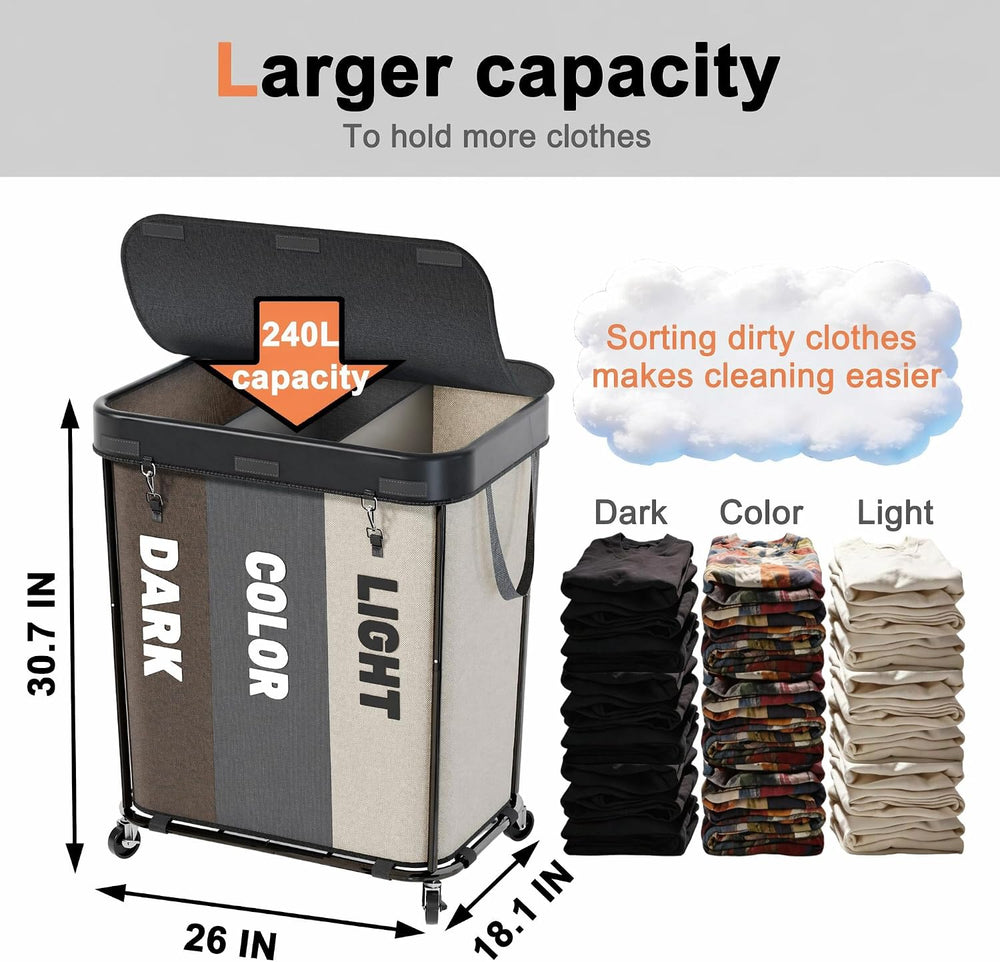 Laundry Sorter with Wheels 240L Rolling Laundry Cart,3 Compartment Designed R...