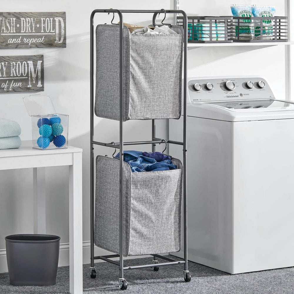 mDesign Vertical Stacked Laundry Hamper Basket with Wheels, Portable, 2 Remov...