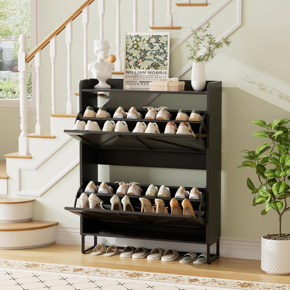 Urban Deco Shoe Cabinet with 2 Flip Drawers, Slim Shoe Storage for Entryway