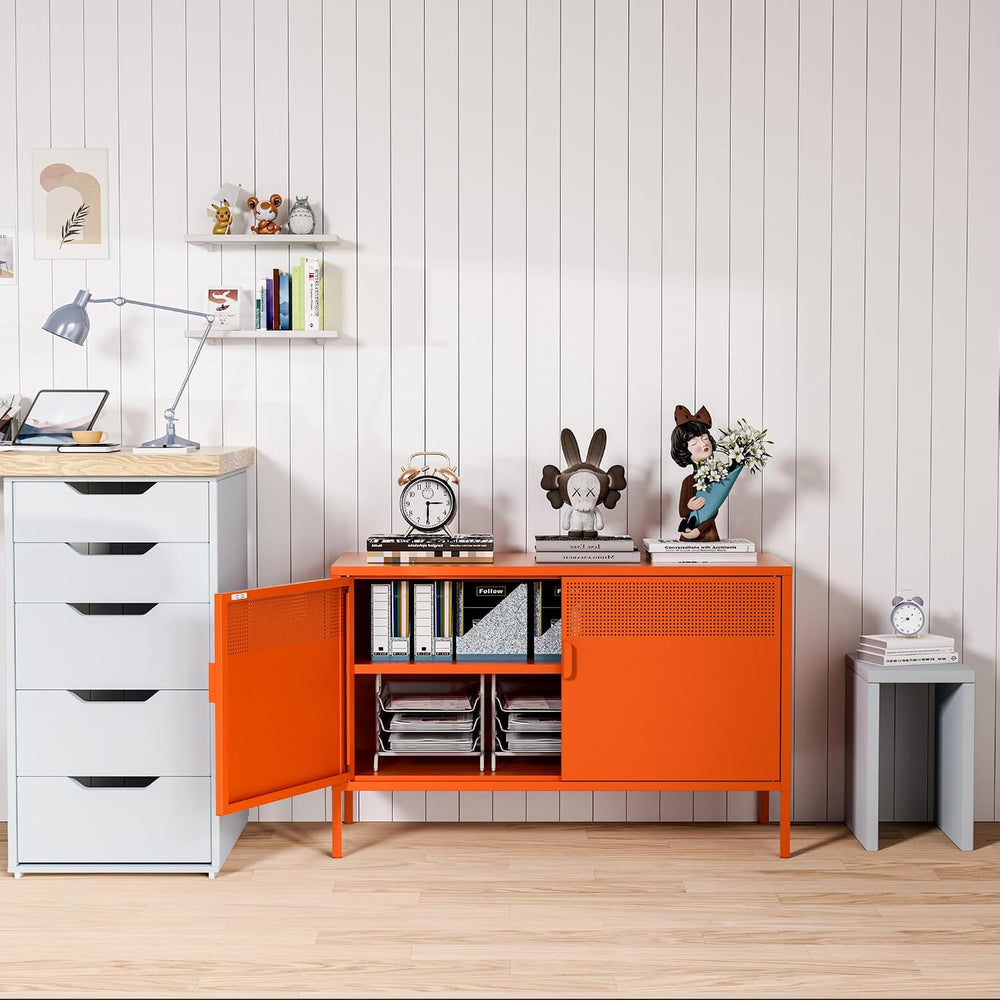 Washsemba 2 Door Accent Cabinet,Orange Metal Storage Cabinet with Adjustable ...