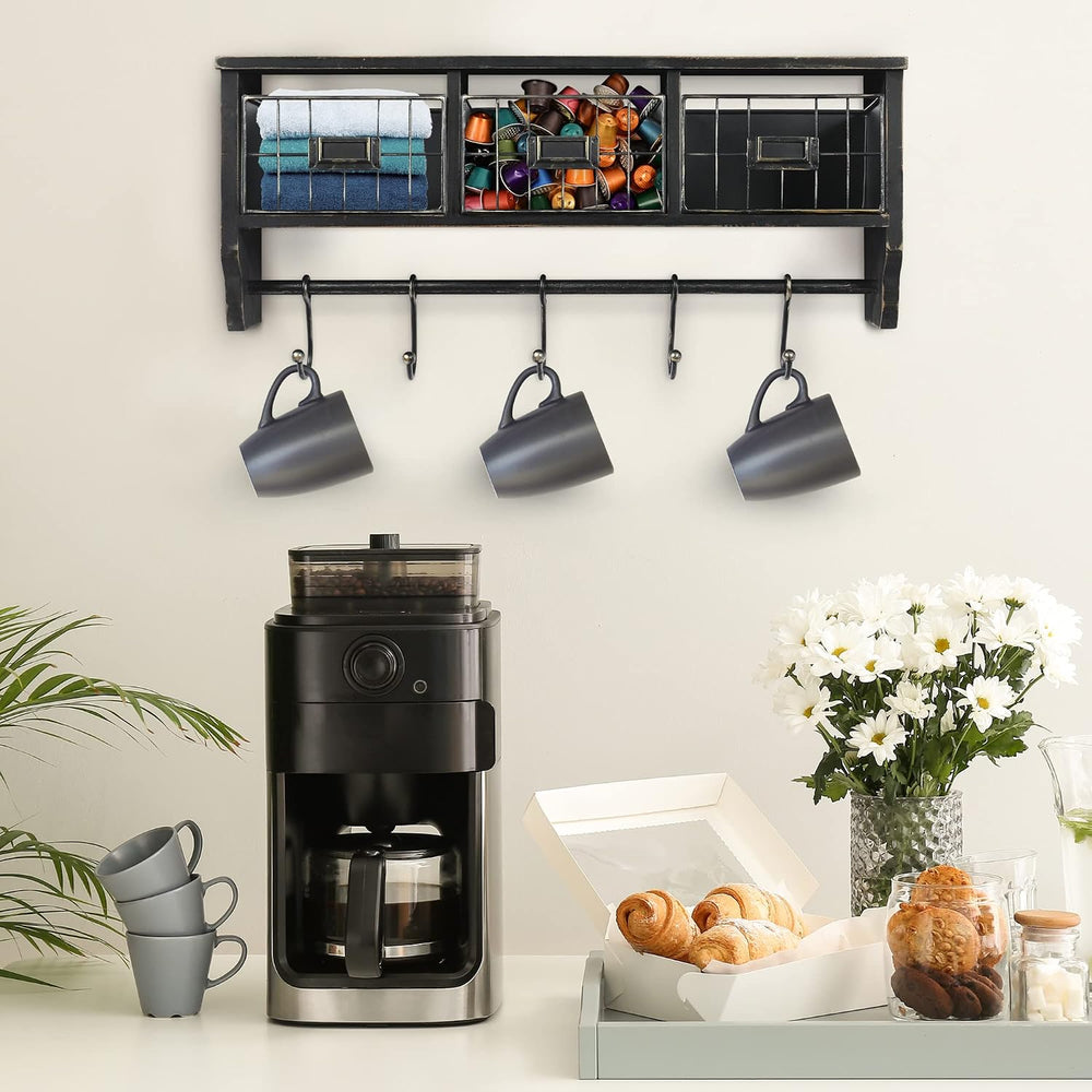 HBCY Creations Wall Mounted Shelf with Coat Hooks and Baskets, Solid Wood Ent...