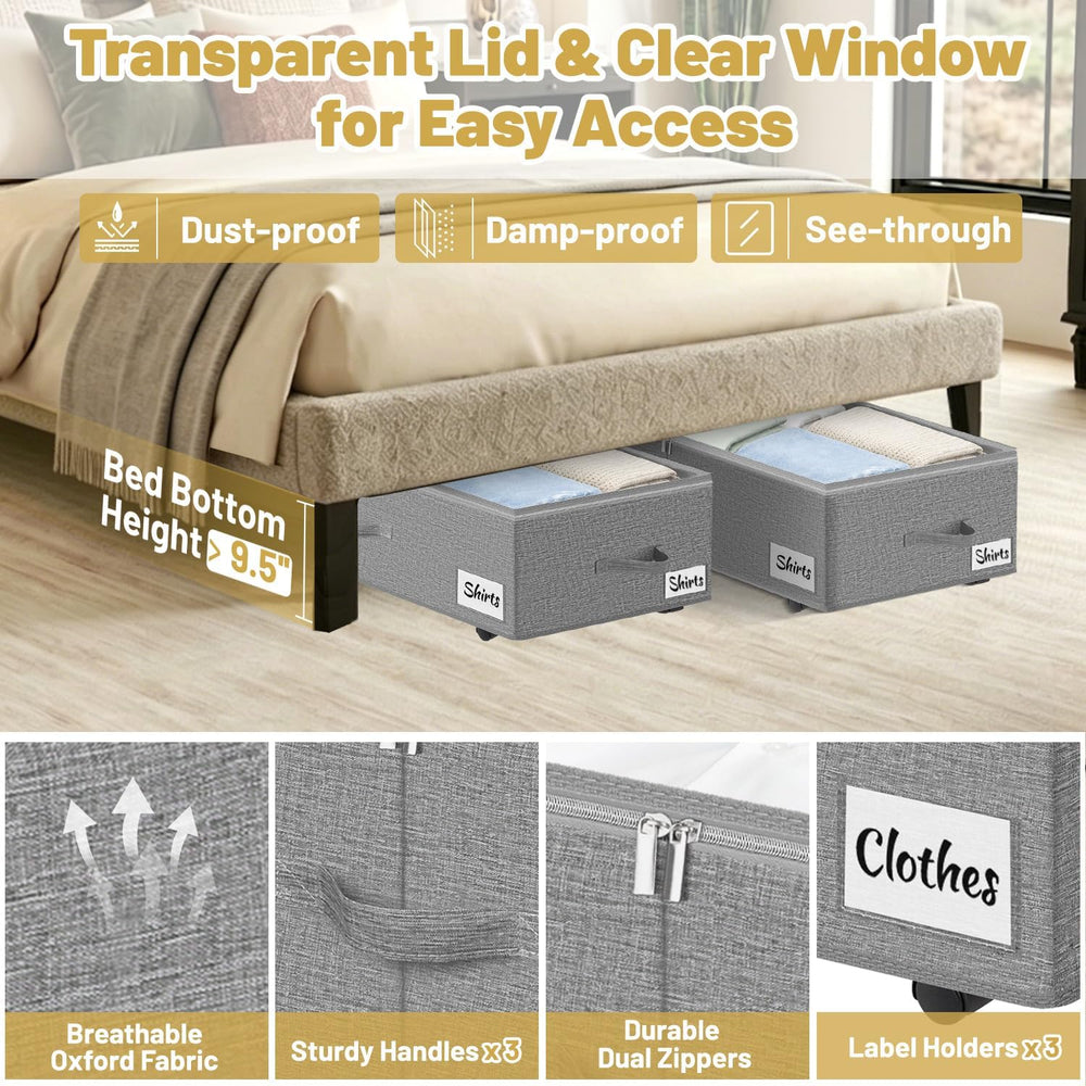 Under Bed Storage with Wheels, 2 Pack Underbed Storage Containers with Clear ...