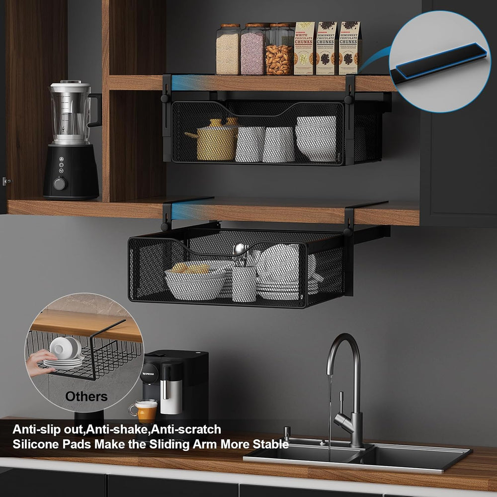 AmonHouseware 2Pack Under Shelf Basket Storage,Adjustable Hanging Arm,Black