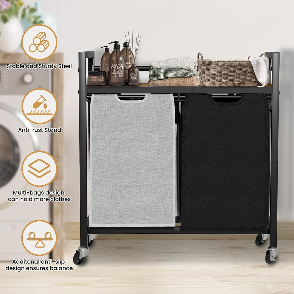 SwaaVee Laundry Sorter, Laundry Hamper with Wooden Top Shelf, 2×14.5Gal(110L)...
