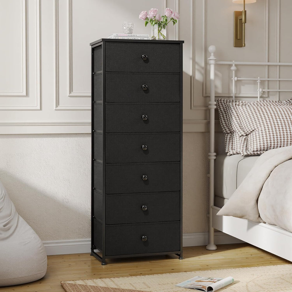 Fabric Dresser for Bedroom, 7-Drawer Tall Vertical Storage Tower (Black)