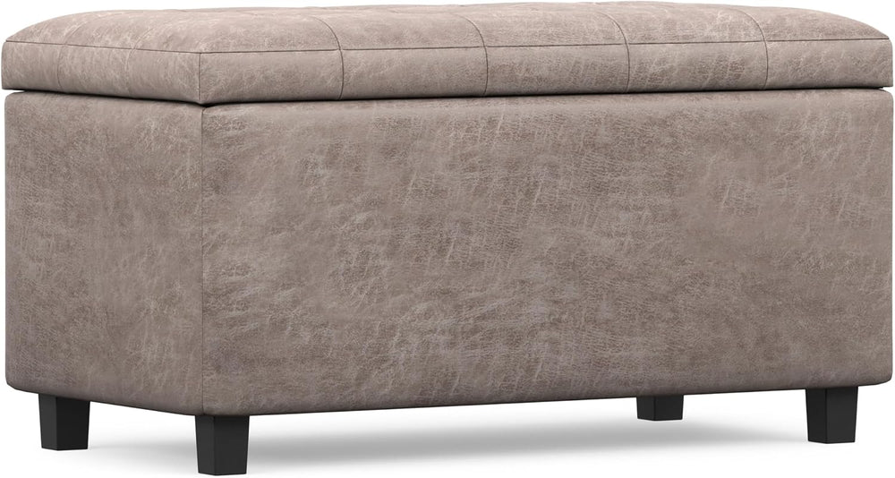 SIMPLIHOME Cosmopolitan 34" Wide Vegan Leather Storage Ottoman in Grey