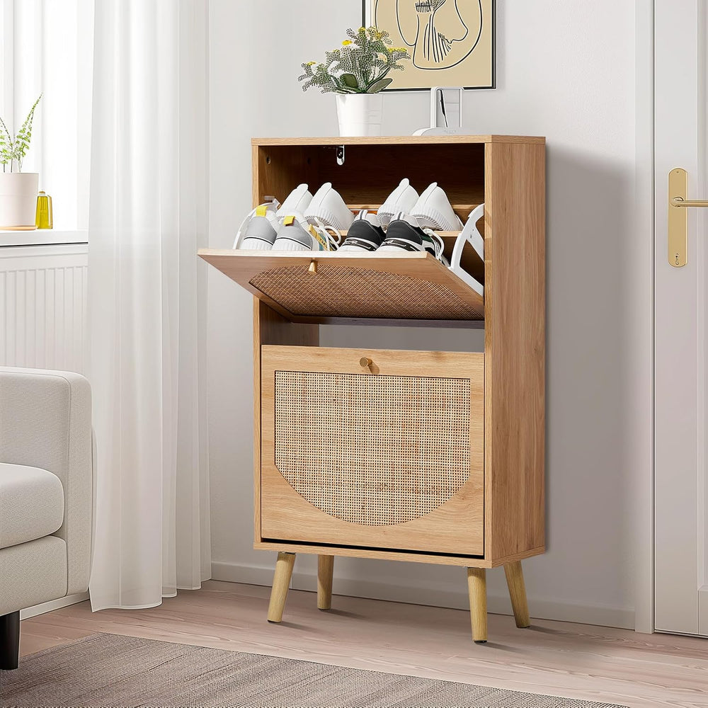 Karl home Natural Rattan Shoe Cabinet, 2 Flip Drawer Entryway Organizer