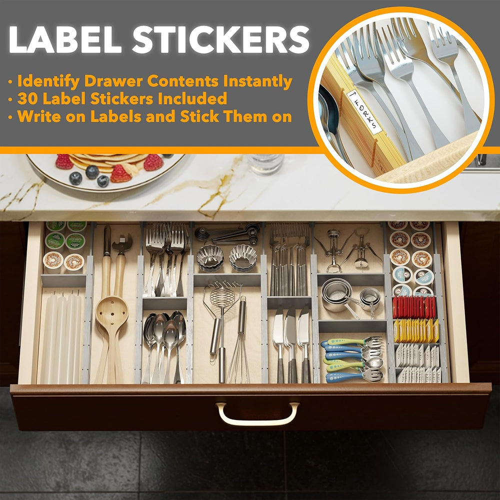 SpaceAid Bamboo Drawer Dividers with Inserts and Labels, Kitchen Adjustable D...
