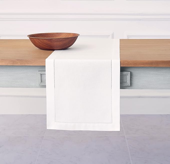 Solino Home White Table Runner 108 Inches Long - Cotton Linen Hemstitch 14 x ...