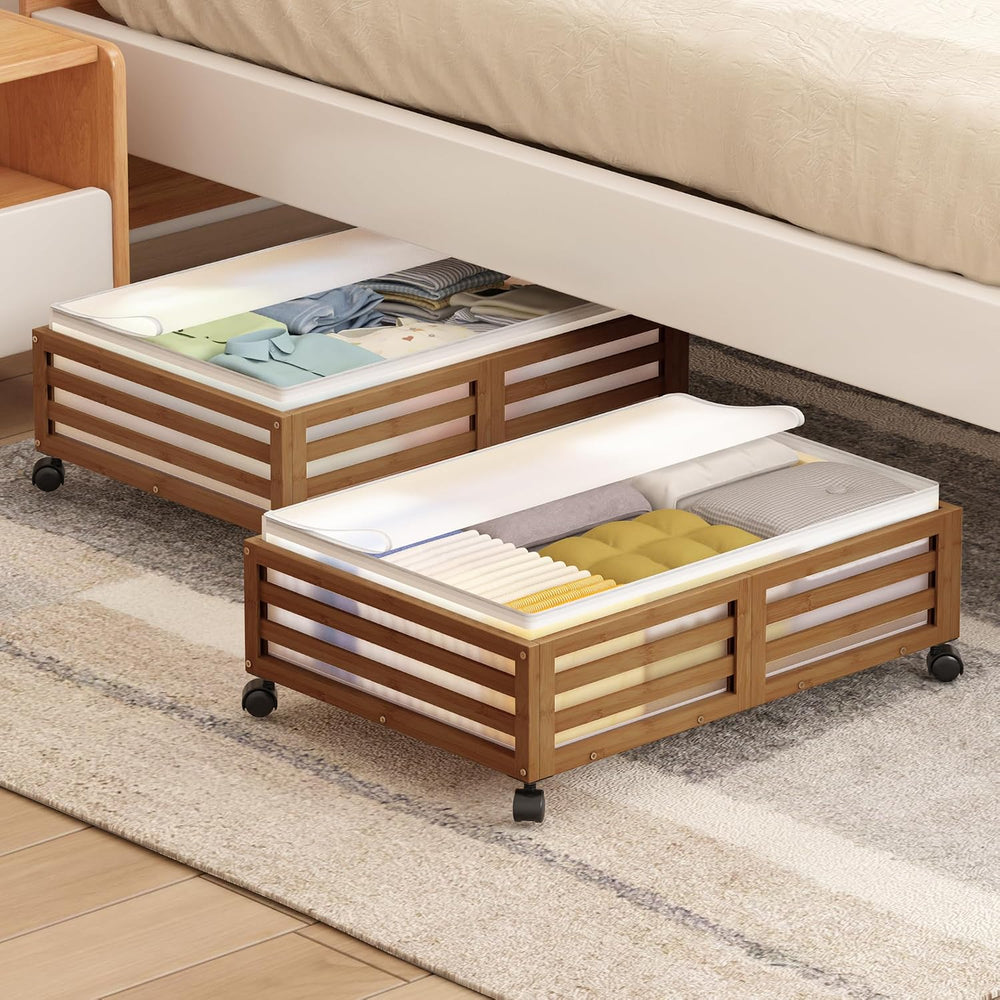 Under Bed Storage with Wheels-Large Bamboo Underbed storage Containers with L...