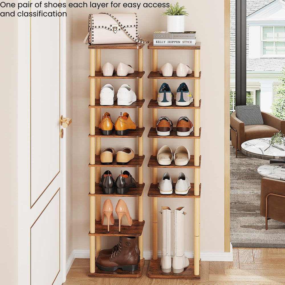 8 Tiers Vertical Shoe Rack, Tall Narrow Shoe Tower, Corner Shoe Rack, Brown