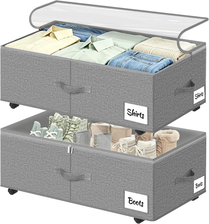 Under Bed Storage with Wheels, 2 Pack Underbed Storage Containers with Clear Lid & Label, XXL 75L Easy Assembly Rolling Under Bed Shoe Storage for Clothes, Shoes, Blankets, Gray(28.3 X 16.5 X 9.5 in)