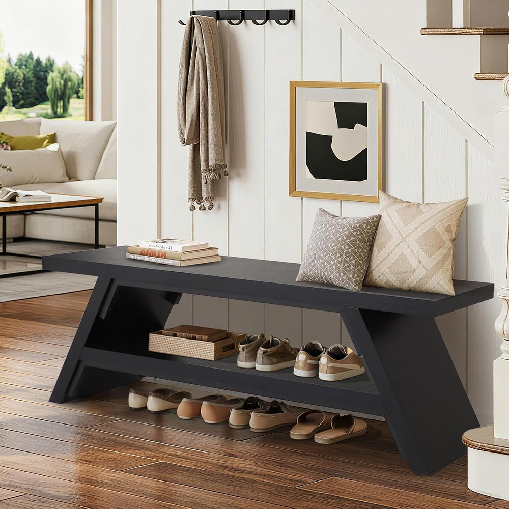 2-Tier Shoe Storage Bench, 55" Large Solid Wood Entryway Stool Storage