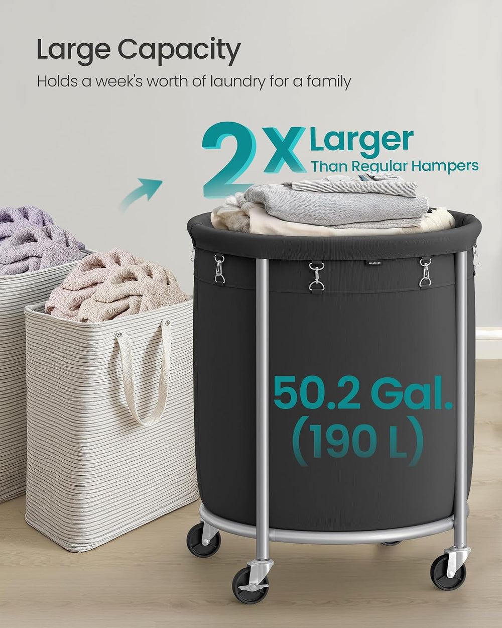 SONGMICS Laundry Basket with Wheels,190L, Steel Frame, Removable Bag