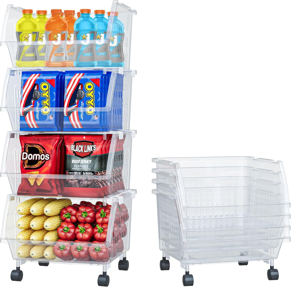 Large Stackable Storage Bins Open Front with Wheels, 4 Pack - Clear