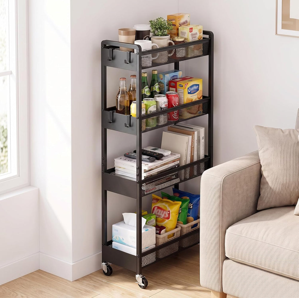 Delamu 4 Tier Slim Rolling Storage Cart, Utility Metal Narrow Cart 7.1" W