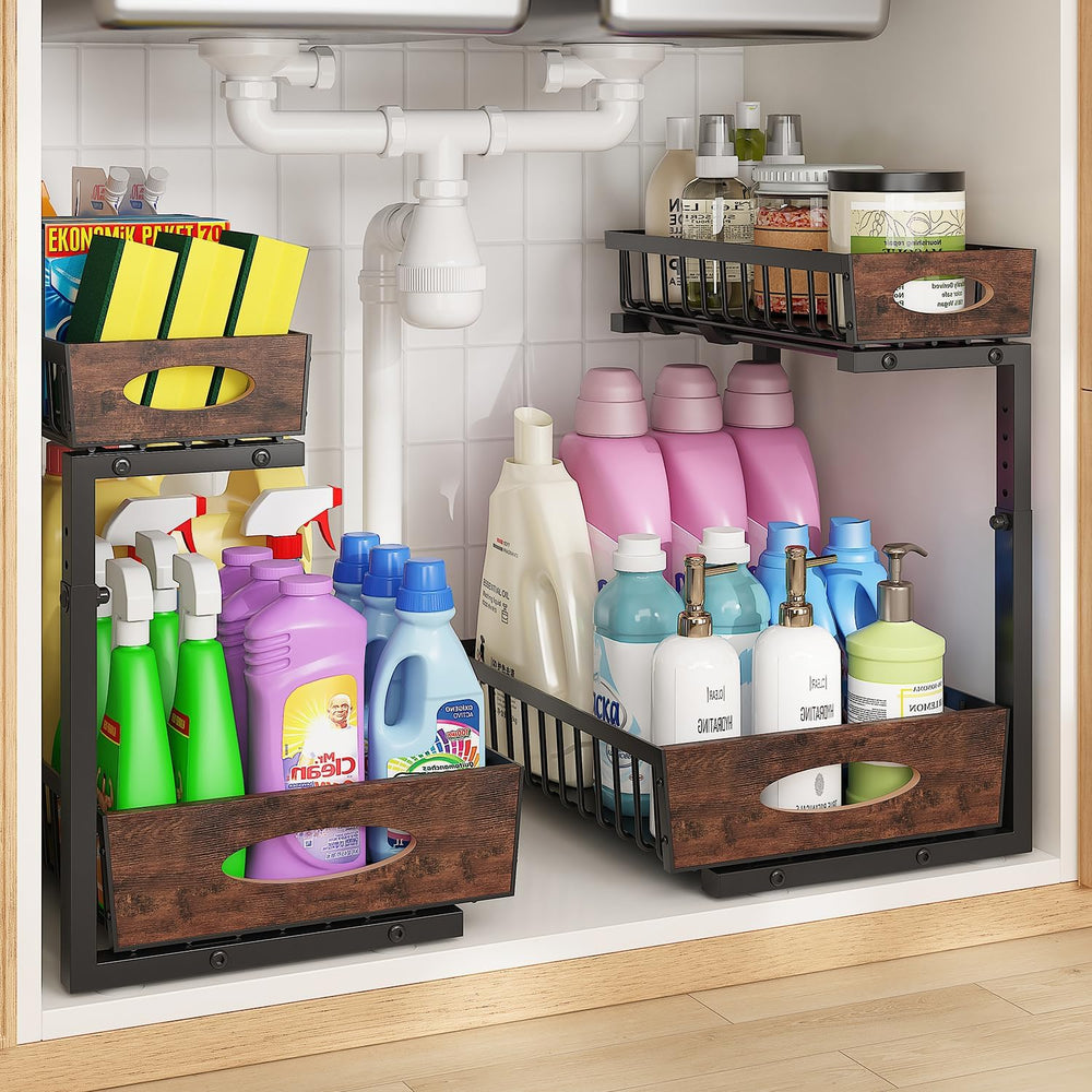 2-Tier Under Sink Organizer with Wooden Drawer Handle, 2 Pack Adjustable Heig...