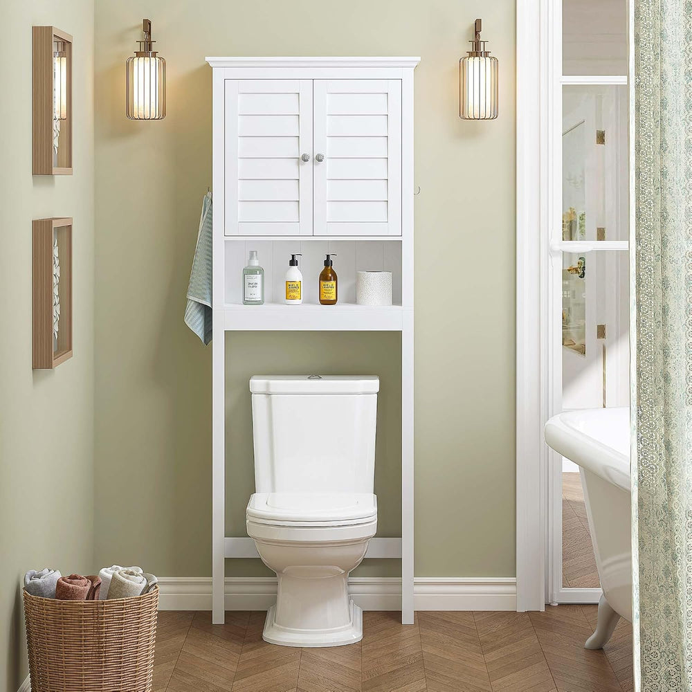 Spirich Over The Toilet Storage Cabinet with Louvered Doors & Hooks, White