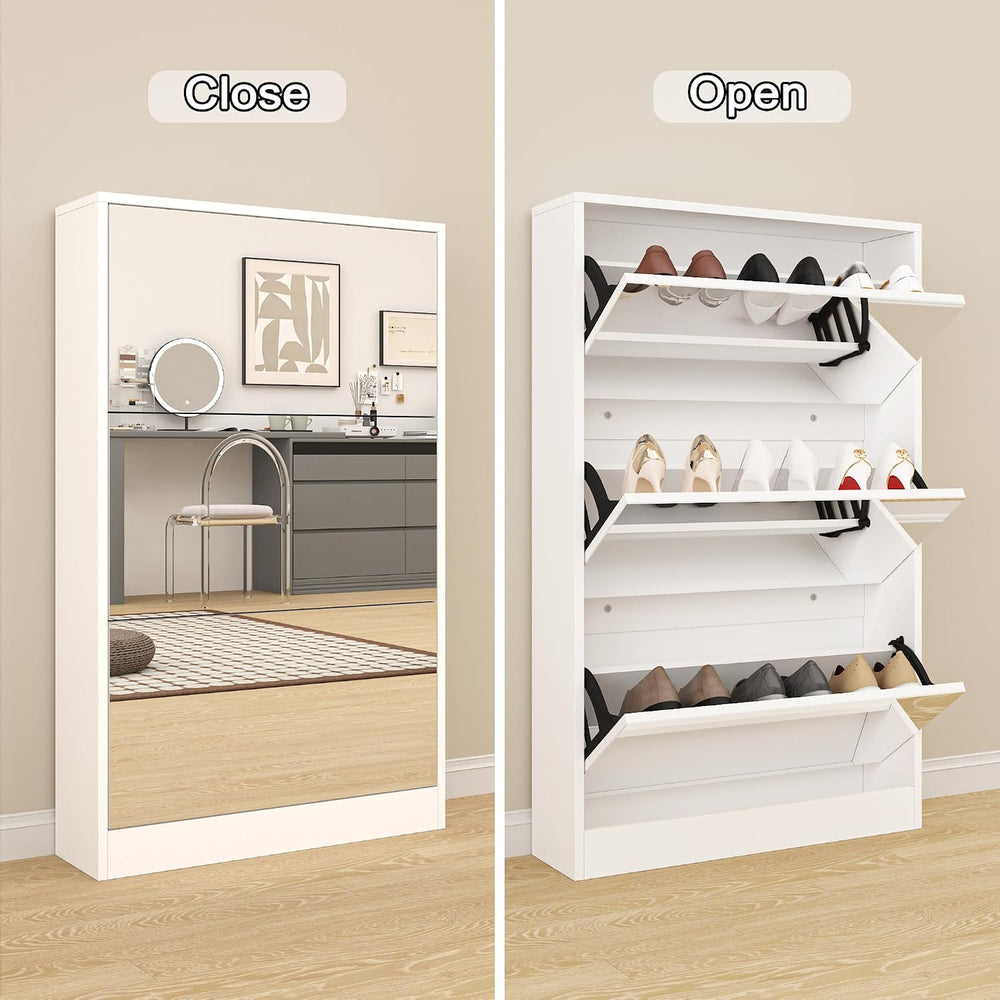 Mirrored Shoe Storage Cabinet with 3 Flip Drawers