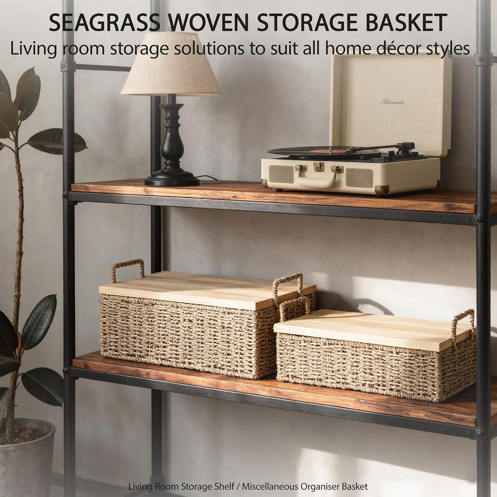 Woven Seagrass Wicker Storage Basket Set of 2 with Wooden Lids