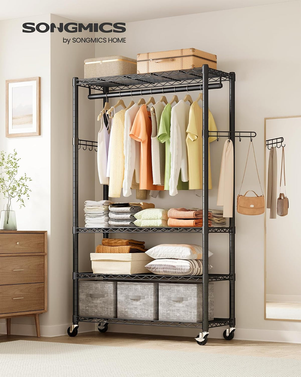 SONGMICS Heavy-Duty Clothes Rack, Portable Closet on Wheels, Garment Rack
