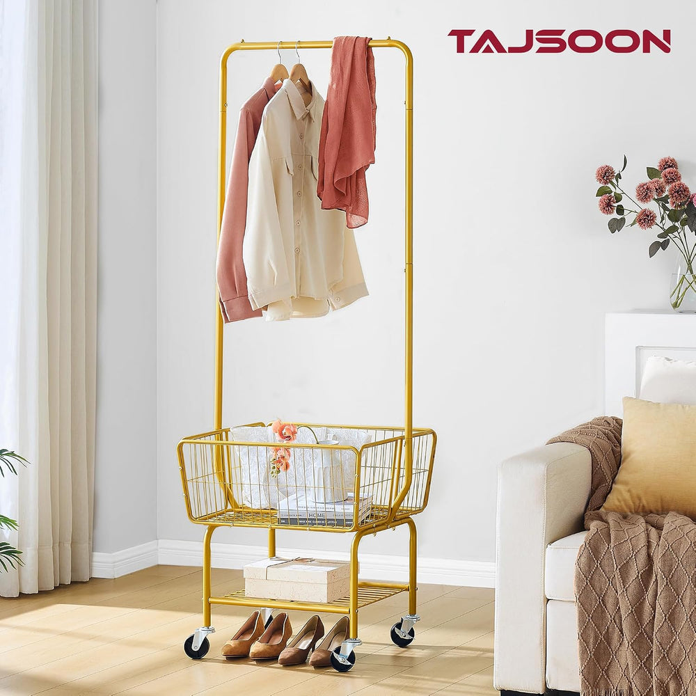 Tajsoon Rolling Laundry Cart with Hanging Rack & Laundry Basket, Gold