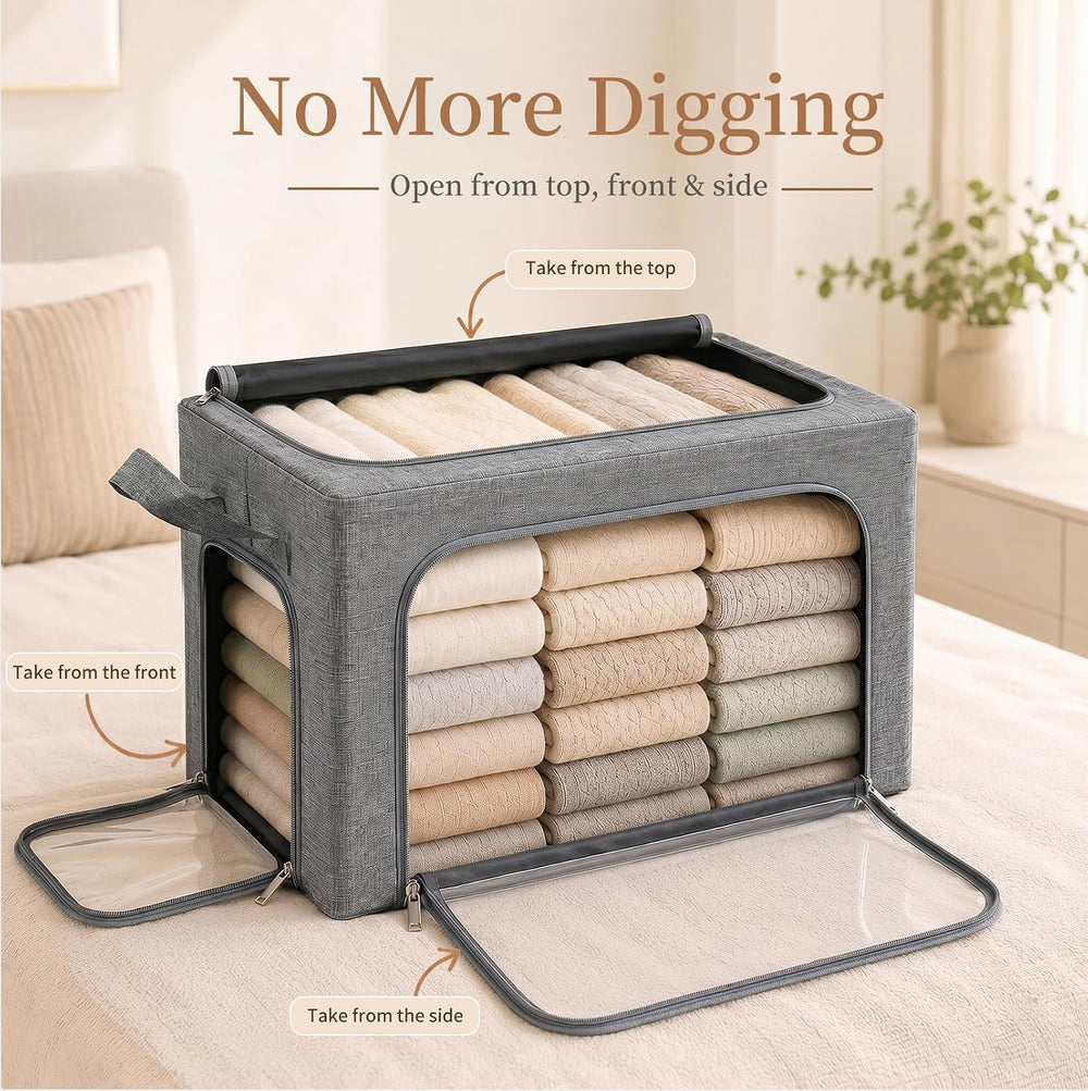 GoMaihe Clothes Storage Bins with Metal Frame for Blanket 3 Pack 66L Grey